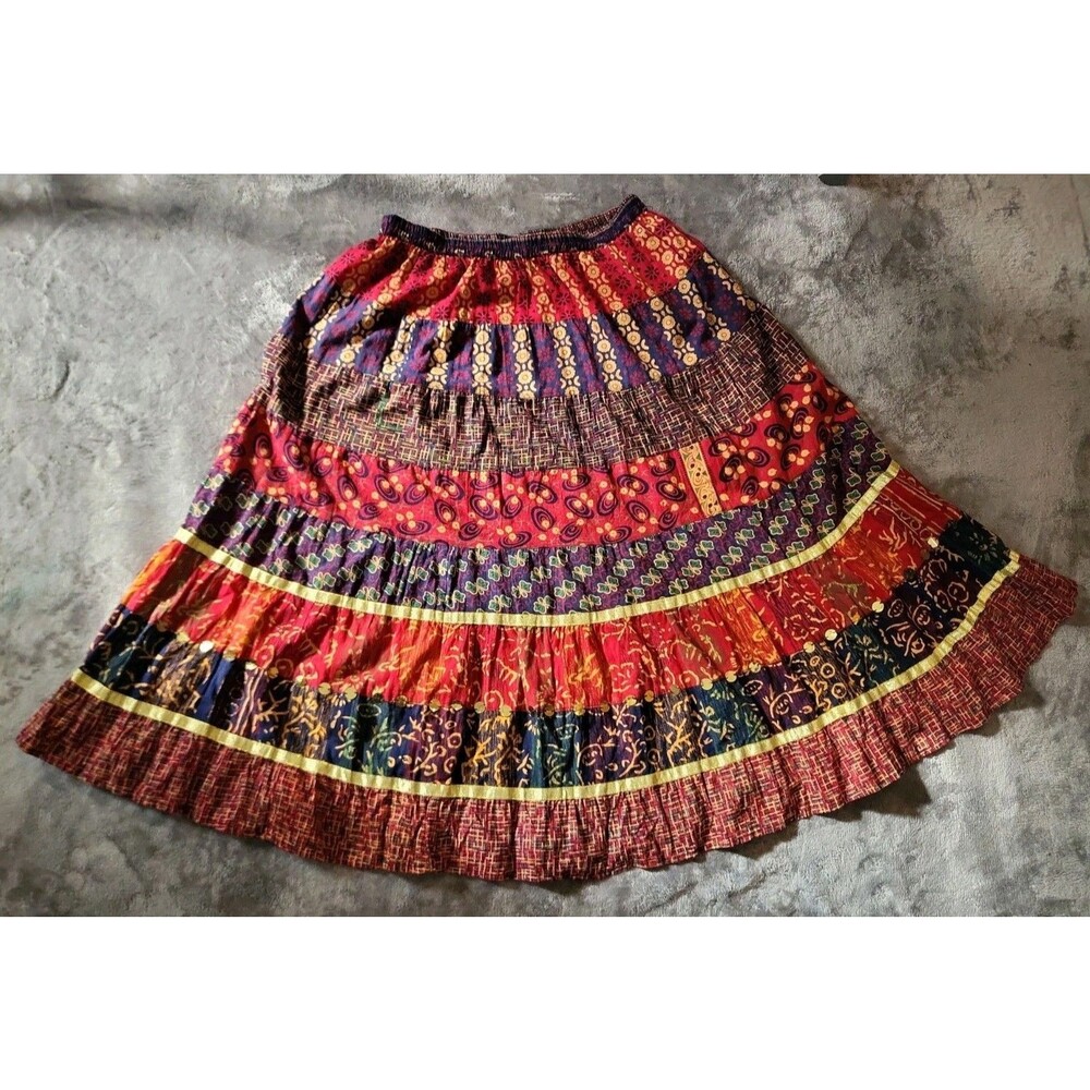 Sacred Threads Maxi Skirt Women Size S Multicolor Patchwork Cotton Boho Floral